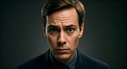 Dramatic portrait of a man with concerned wide eyes conveying seriousness or surprise an ideal image for professional communication or narrative storytelling.
