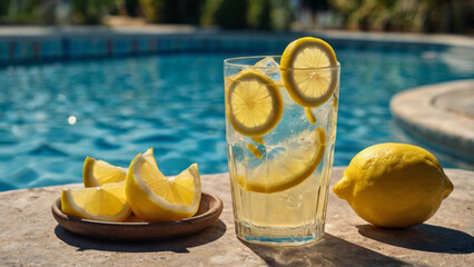 Glass of fresh lemonade garnished with lemon slices and mint leaves standing beside a sparkling swimming pool. Cool and refreshing.