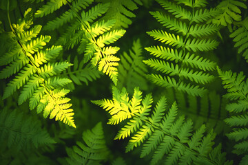 Green fern leaves glowing in sunlight, tropical foliage nature background close up, vibrant plant pattern in forest shade, natural jungle texture design for botanical freshness, eco environment concep