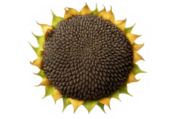 Close-up of a ripe sunflower head revealing densely packed seeds, isolated on a transparent background