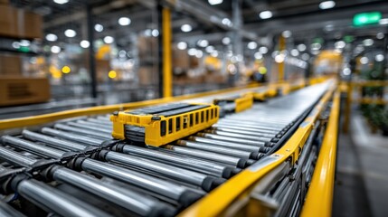 A conveyor system guides packages through a well-organized warehouse during daytime operations. Efficient movement and handling are evident in the layout of the facility.