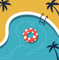 Summer pool floatie safety illustration. Red polka dot inflatable ring in swimming pool. Water safety concept for World Drowning Prevention Day.