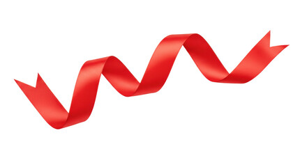 Vibrant red satin ribbon with glossy texture gracefully flowing in a wavy line, V-cut end, against a pristine transparent background with ample negative space and shadowless studio lighting. Concept