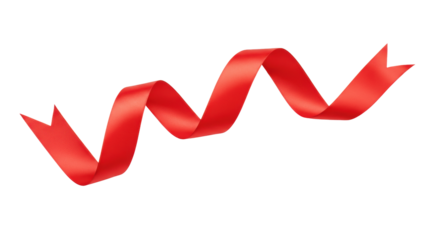 Vibrant red satin ribbon with glossy texture gracefully flowing in a wavy line, V-cut end, against a pristine transparent background with ample negative space and shadowless studio lighting. Concept