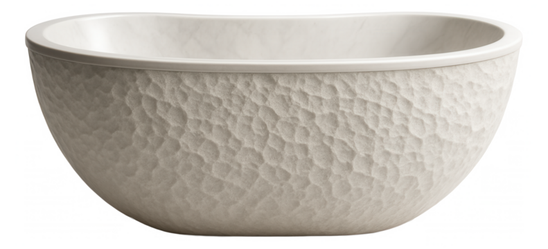 A large freestanding cast marble bathtub with a textured exterior for a statement piece in a designer apartment.
