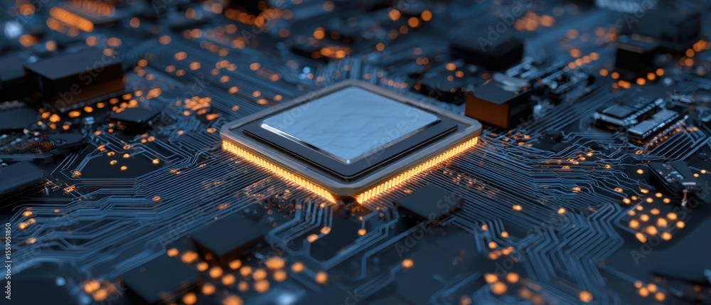 Poster the intricacies of a microchip on a modern circuit board.