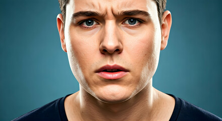 A young man exhibits a concerned or questioning facial expression conveying uncertainty and deep thought This image is suitable for mental health awareness or dramatic storytelling