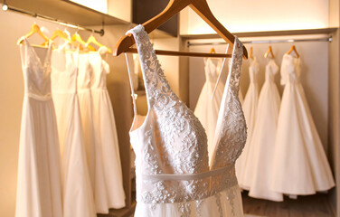 Un vestido de novia blanco para una boda elegante colgado de una percha en una tienda de moda nupcial