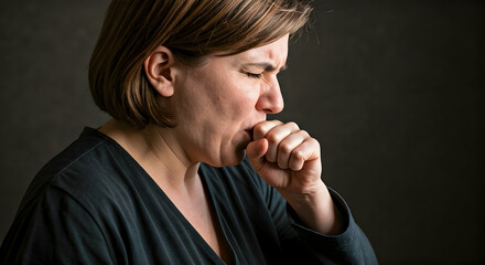 A woman experiencing a cough or throat irritation her face contorted in discomfort this image is suitable for health awareness and wellness campaigns