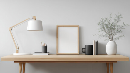 Minimalist Home Office Desk Setup with White Lamp and Plant / 흰색 램프와 식물이 있는 미니멀리스트 홈 오피스 책상 세트