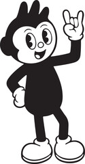 Retro cartoon character with rock on hand gesture silhouette