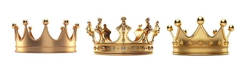 various gold crowns isolated on transparent or white background, png