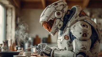 A cyborg drinking coffee in the morning , futuristic style.