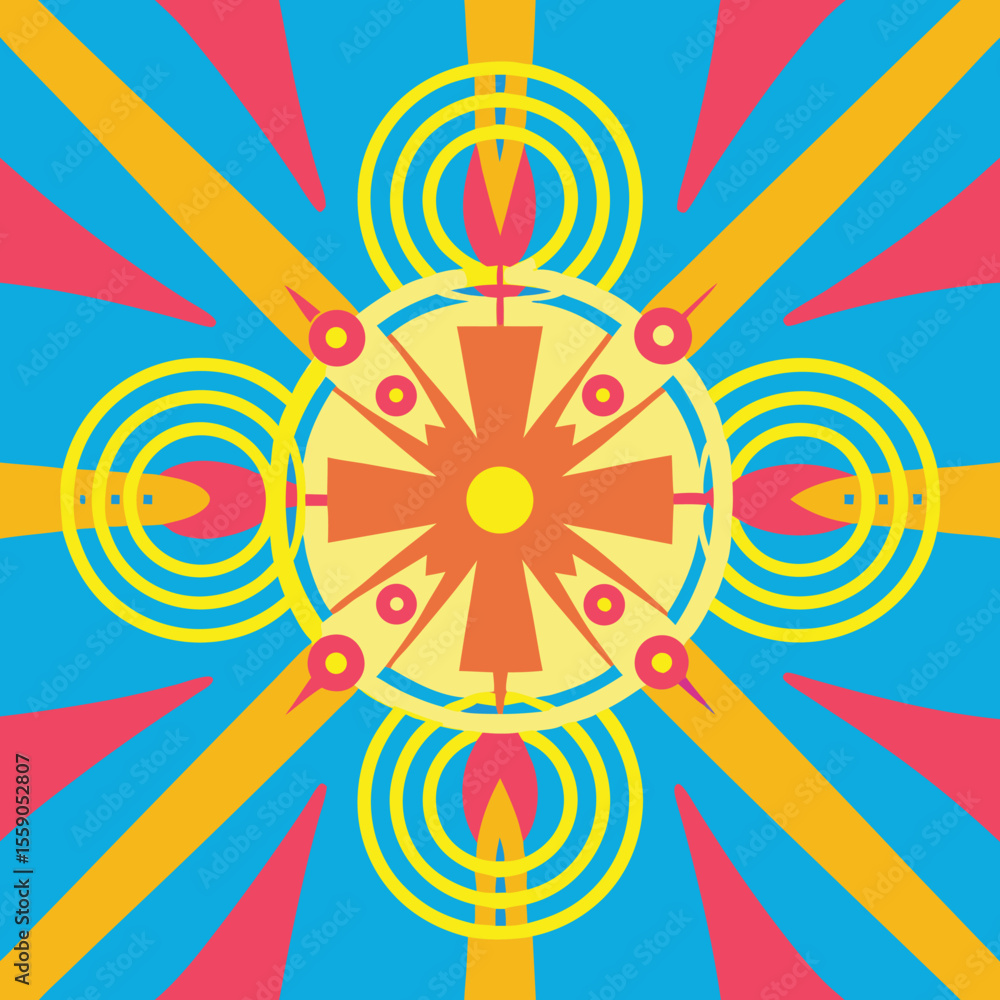Poster colorful geometric design featuring radial lines and abstract shapes for various projects
