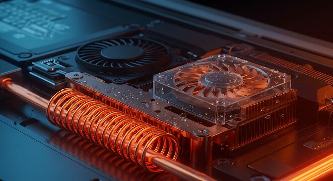 Close-up of Advanced Computer Cooling System Copper Coils, Fans, and Heat Sink