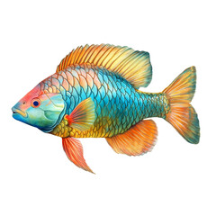 Fototapeta premium Vibrant colorful fish swimming against black background detailed scales fins and body