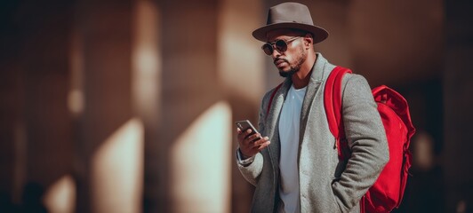 The stylish man with a smartphone in an urban environment.