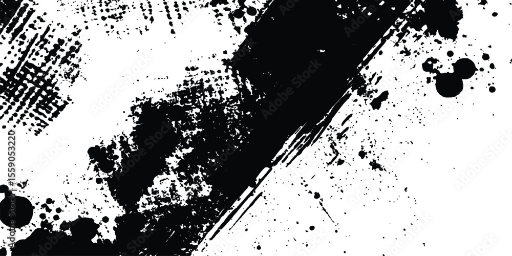 Poster Abstract halftone background featuring a mix of black and white halftone dots and brush strokes. Vector black ink splatter brush stroke on diagonal halftone background.
