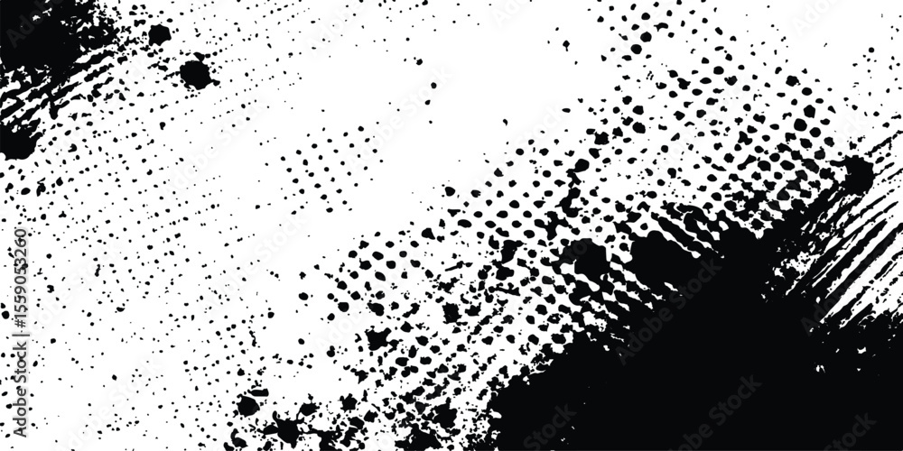 Poster Abstract halftone background featuring a mix of black and white halftone dots and brush strokes. Vector black ink splatter brush stroke on diagonal halftone background.
