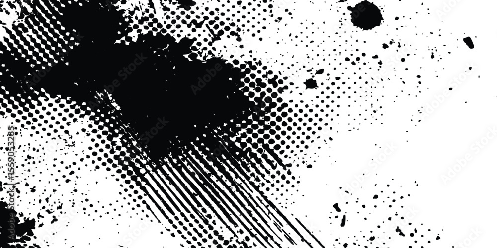 Poster Abstract halftone background featuring a mix of black and white halftone dots and brush strokes. Vector black ink splatter brush stroke on diagonal halftone background.
