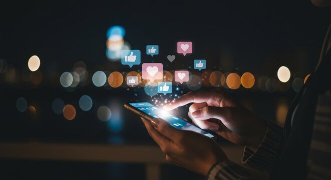 Interacting with Phone at Night Generating Like and Heart Icons