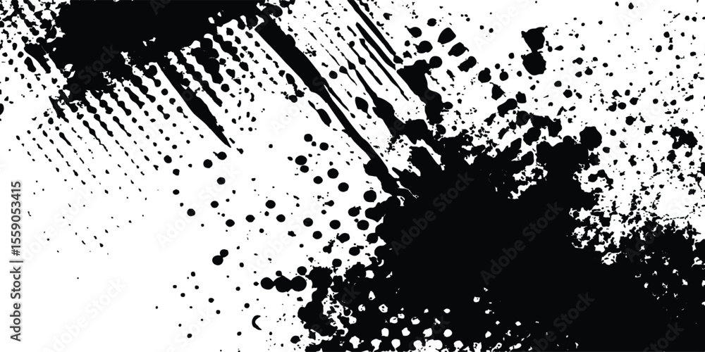 Poster Abstract halftone background featuring a mix of black and white halftone dots and brush strokes. Vector black ink splatter brush stroke on diagonal halftone background.
