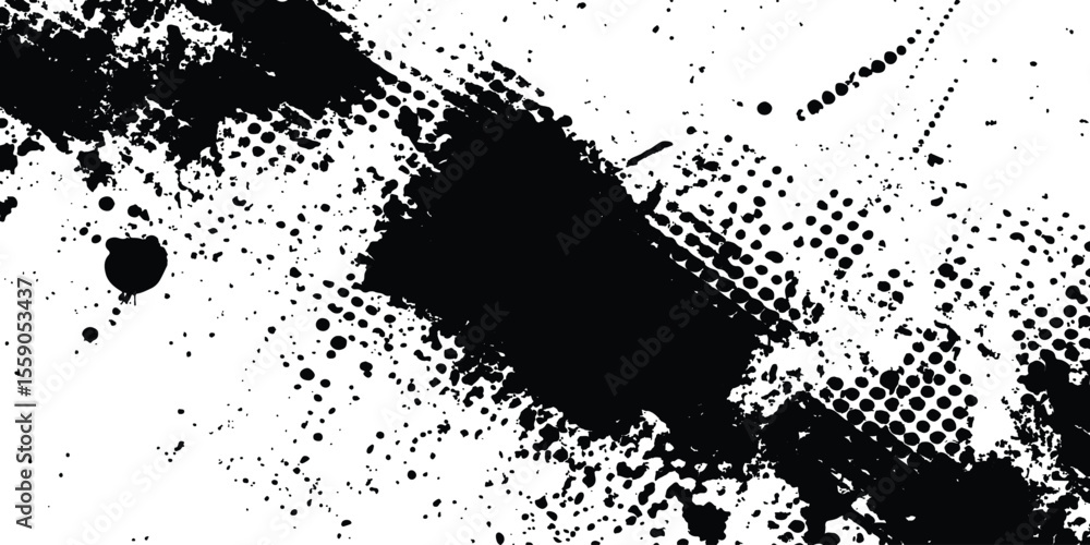 Poster Abstract halftone background featuring a mix of black and white halftone dots and brush strokes. Vector black ink splatter brush stroke on diagonal halftone background.