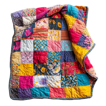 Colorful patchwork quilt handmade vibrant fabrics squares design