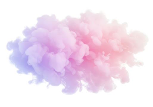 Volumetric cloud of smoke with pastel pink, light purple, and transparent gradients, ethereal texture and clear contours, isolated on a clean white background with copy space, studio lighting for