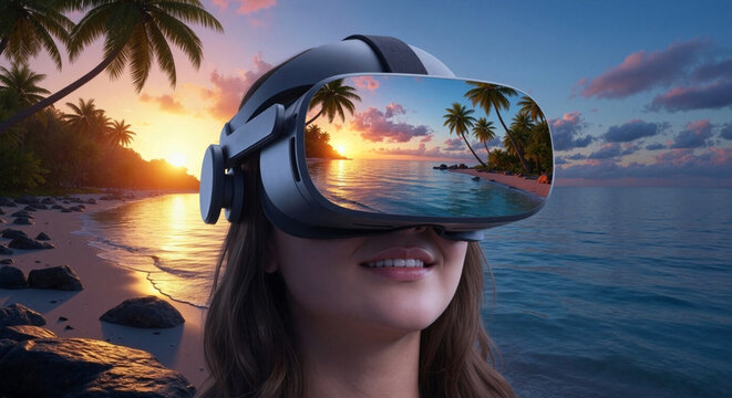 Woman experiencing virtual reality tropical beach sunset, for websites and advertising