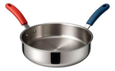A saute pan with color-coded handles for easy identification in a community kitchen