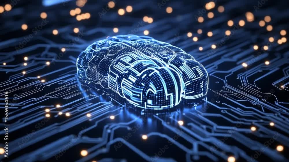 Poster artificial intelligence concept with digital brain and glowing circuit board background