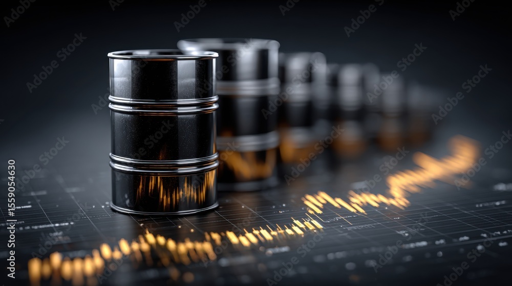 Poster metal oil barrels are lined up in a sequence while a dynamic price graph with rising and falling lin
