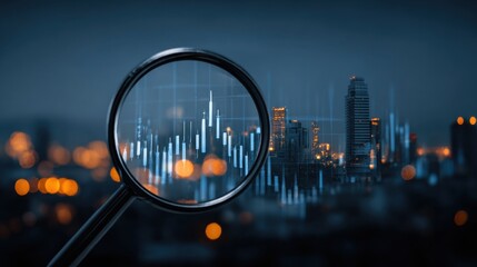 A magnifying glass focuses on a rising data graph superimposed over a city skyline during dusk. The lights of the buildings contrast with the darkening sky, showcasing urban life.