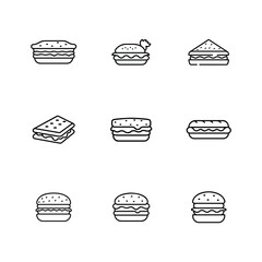 black and white vector set of sandwich and burger icons in various shapes and styles, isolated on clean white background.