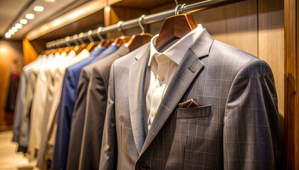 Un traje de vestir de hombre para novio en la boda o para empresario elegante colgado en una percha de un armario en una tienda de moda o sastrería