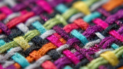 Colorful woven fabric showing intertwined threads creating vibrant texture