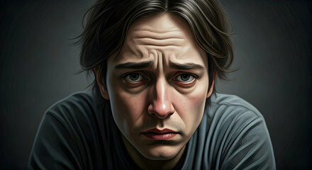 Fototapeta premium A man with a worried expression and visible fatigue captured in a dark portrait setting. This image suggests themes of mental health struggle or intense sadness perfect for awareness campaigns