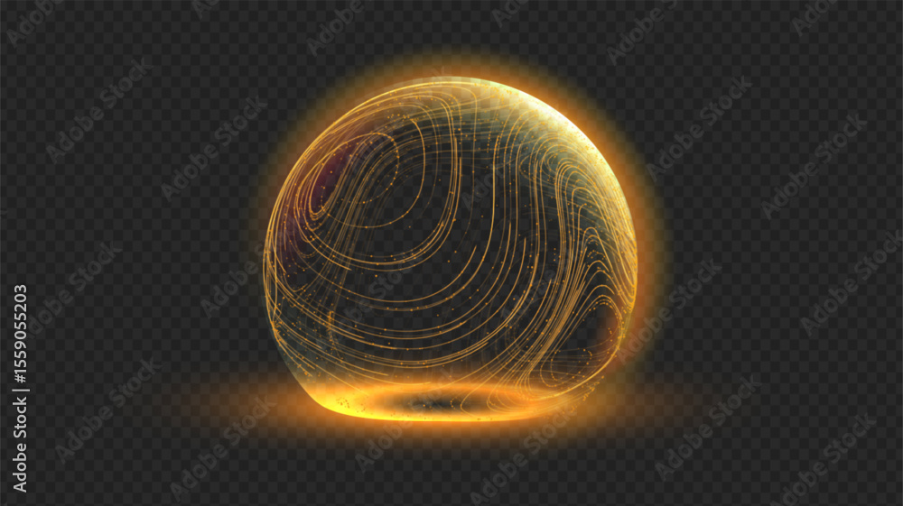 Poster gold sphere shield in 3d dome effect with tech globe ball for protect secure bg. abstract light patt
