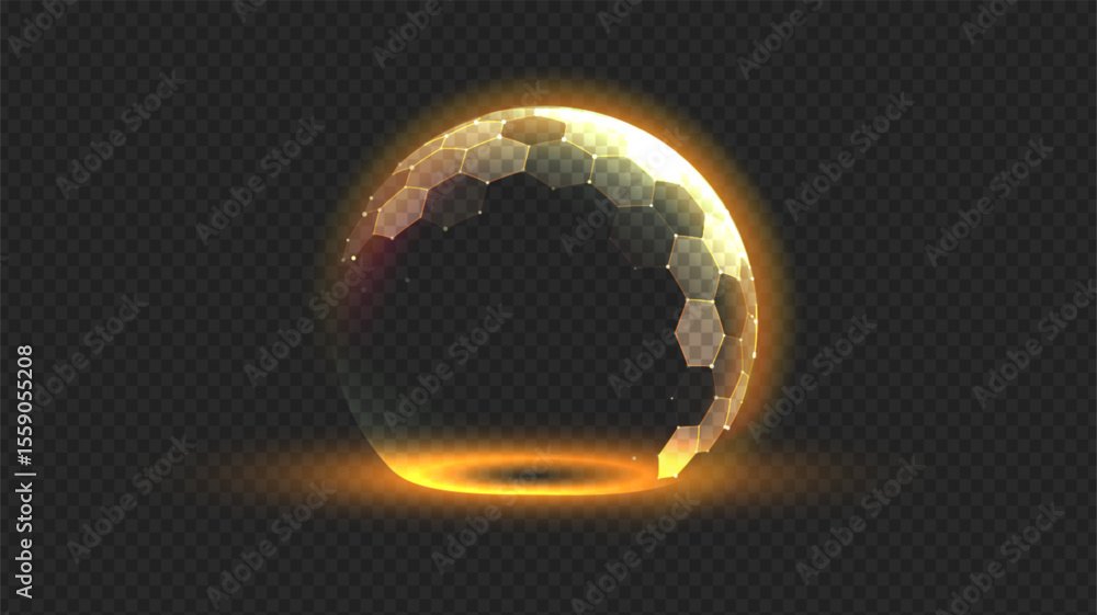 Poster gold sphere shield hexagon. 3d energy protect background. tech ball dome effect with honeycomb patte