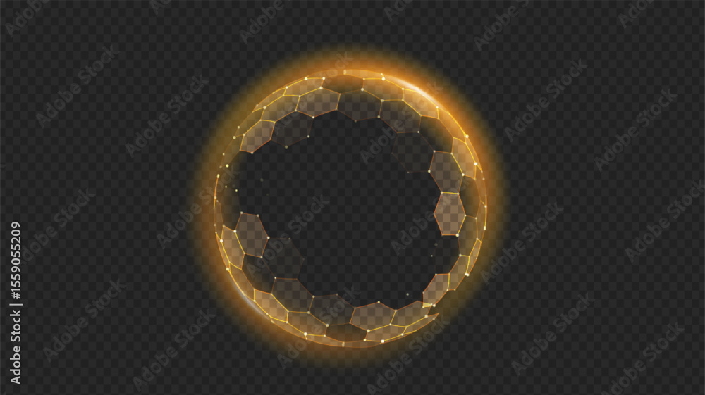 Poster gold shield sphere with 3d honeycomb protect effect. tech glowing energy dome and light. abstract ge