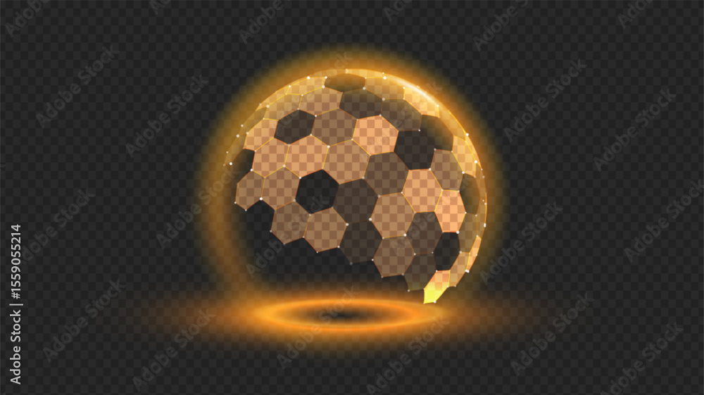 Poster gold shield sphere with hexagon 3d pattern. dome ball protect abstract background, creating tech bar