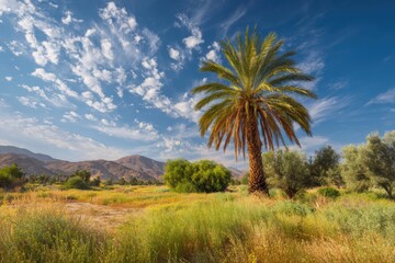 Obraz premium Desert palm tree amidst vibrant landscape showcasing lush greenery ideal for nature-inspired decor and eco-friendly projects