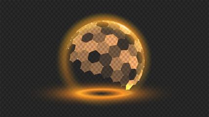 Obraz na płótnie Canvas Gold shield sphere with hexagon 3D pattern. Dome ball protect abstract background, creating tech barrier for cyber defense. AI security, or graphene mesh layers for sci fi concepts.