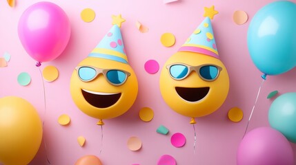 Two smiling emoji balloons wearing party hats and sunglasses, surrounded by confetti and balloons on a pink background.
