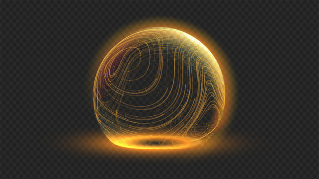 Gold sphere shield in 3d dome effect with tech globe ball for protect secure bg. Abstract light pattern by planet energy and digital line connects global network.