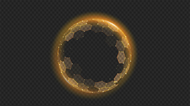 Gold shield sphere with 3D honeycomb protect effect. Tech glowing energy dome and light. Abstract geometric ball for digital security force field. Cyber concept for AI interfaces or neon HUD designs.