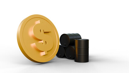 Barrel of oil and dollar sign coin isolated on background. Oil industry concept. Financial markets. Fuel and dollar icon. Oil crisis on a isolated background.