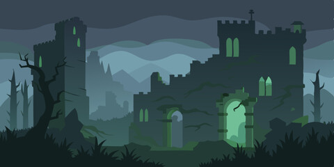 Fototapeta premium Spooky Halloween castle silhouette in a dark forest landscape under a moonlit night sky