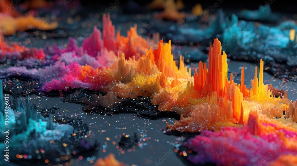 Poster a captivating display of bright peaks and valleys in an abstract landscape, illuminated by glowing p